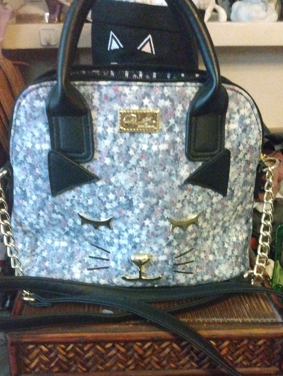 Betsey Johnson Handbags - Betsey Johnson Lavender/ Blue Speckled Satchel with Black Trim Cat Face